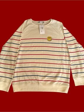 Smiley Patch Stripe Crewneck Sweater - Cream with Red & Blue Stripes